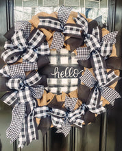 Load image into Gallery viewer, Black and White Buffalo Plaid Burlap Wreath with Hello Sign
