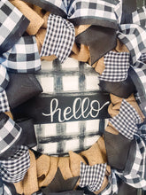 Load image into Gallery viewer, Black and White Buffalo Plaid Burlap Wreath with Hello Sign
