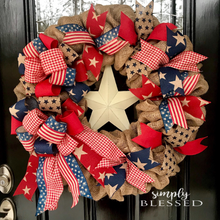 Load image into Gallery viewer, Patriotic Star Burlap Wreath - as seen in COUNTRY SAMPLER magazine - Simply Blessed
