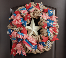Load image into Gallery viewer, Patriotic Star Burlap Wreath - as seen in COUNTRY SAMPLER magazine - Simply Blessed
