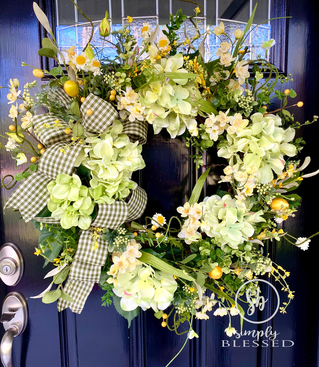 Floral Grapevine Wreath with Green Hydrangeas and Yellow Accents - Simply Blessed
