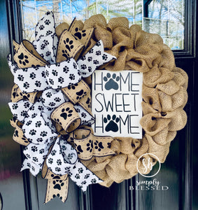 Home Sweet Home Paw Print Burlap Wreath - Simply Blessed
