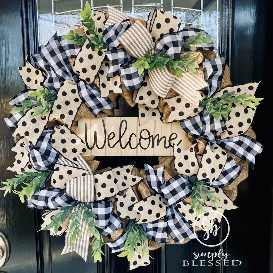 Welcome Burlap Wreath with Plaid, Polka Dots, and Greenery