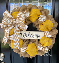 Load image into Gallery viewer, Yellow, White, and Natural Chevron Burlap Wreath - Simply Blessed
