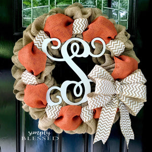 Orange, White, and Natural Chevron Burlap Wreath - Simply Blessed