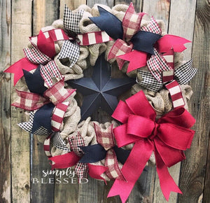 Primitive Plaid Star Burlap Wreath - as seen in COUNTRY SAMPLER magazine - black & burgundy - Simply Blessed