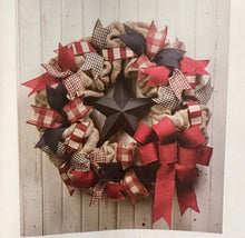 Load image into Gallery viewer, Primitive Plaid Star Burlap Wreath - as seen in COUNTRY SAMPLER magazine - black &amp; burgundy - Simply Blessed
