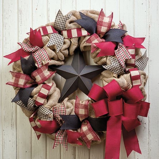 Primitive Plaid Star Burlap Wreath - as seen in COUNTRY SAMPLER magazine - black & burgundy - Simply Blessed