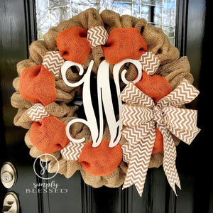 Orange, White, and Natural Chevron Burlap Wreath - Simply Blessed