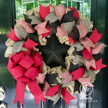 Load image into Gallery viewer, Primitive Plaid Star Burlap Wreath - as seen in COUNTRY SAMPLER magazine - black &amp; burgundy red - Simply Blessed

