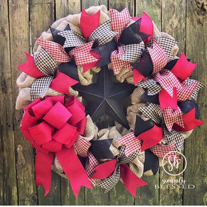 Primitive Plaid Star Burlap Wreath - as seen in COUNTRY SAMPLER magazine - black & burgundy red - Simply Blessed
