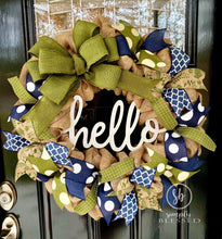 Load image into Gallery viewer, Navy and Green Hello Burlap Wreath - as seen in Country Sampler Magazine - Simply Blessed
