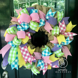 Pastel Spring Plaid Burlap Wreath - as seen in COUNTRY SAMPLER magazine - Easter - Simply Blessed