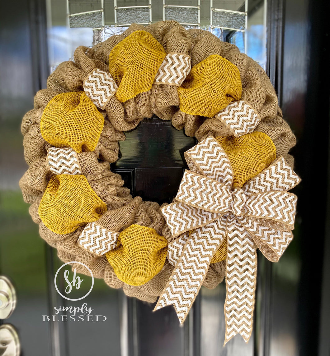 Yellow, White, and Natural Chevron Burlap Wreath - Simply Blessed