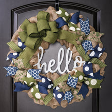 Load image into Gallery viewer, Navy and Green Hello Burlap Wreath - as seen in Country Sampler Magazine - Simply Blessed
