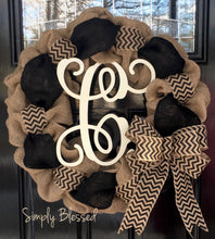 Load image into Gallery viewer, Black and Natural Chevron Burlap Wreath - As Seen in COUNTRY SAMPLER Magazine - Simply Blessed
