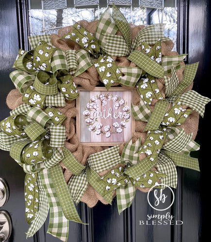 Moss Green Cotton Gather Burlap Wreath - Simply Blessed