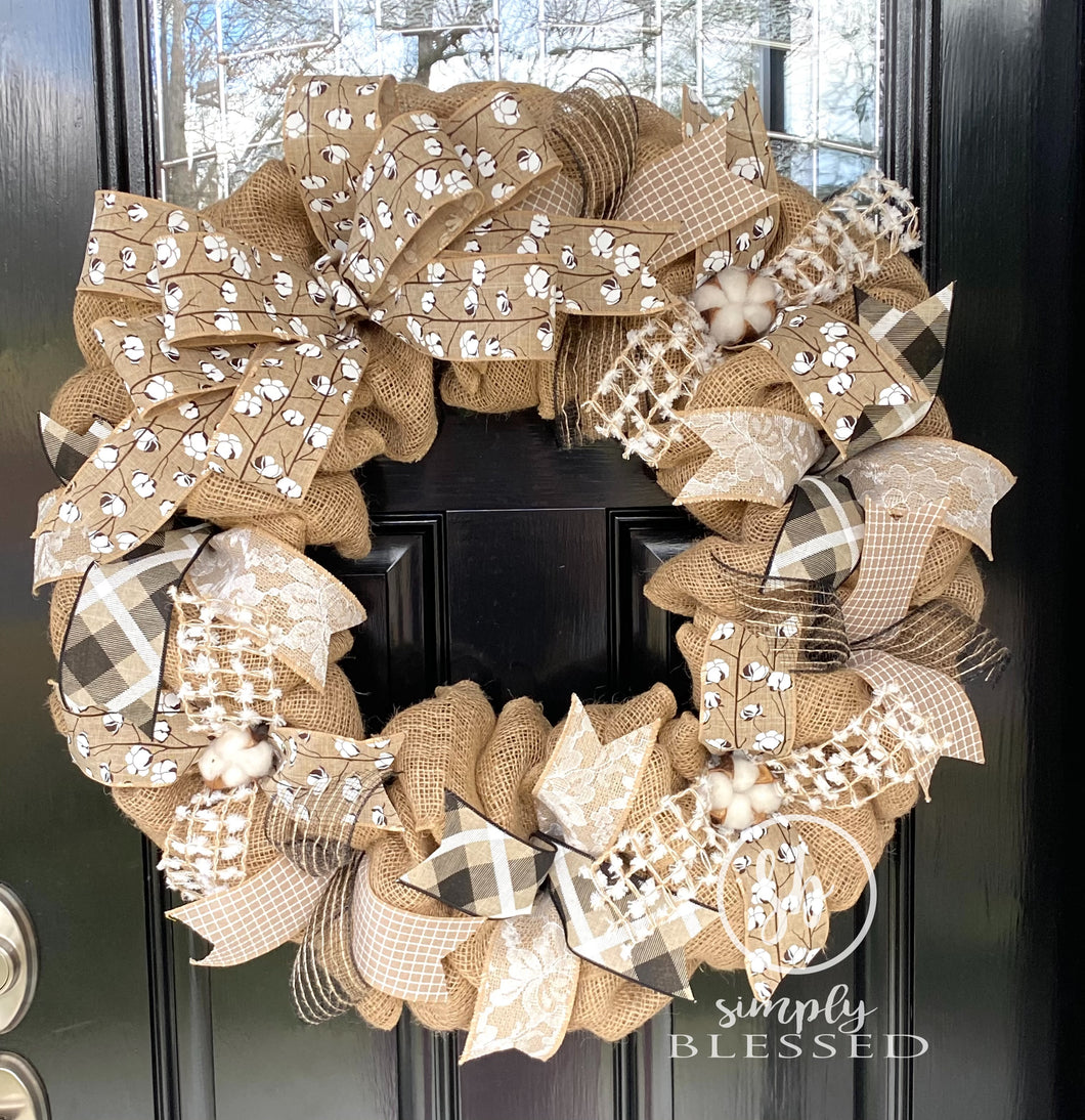 Farmhouse Cotton Welcome Burlap Wreath | Simply Blessed