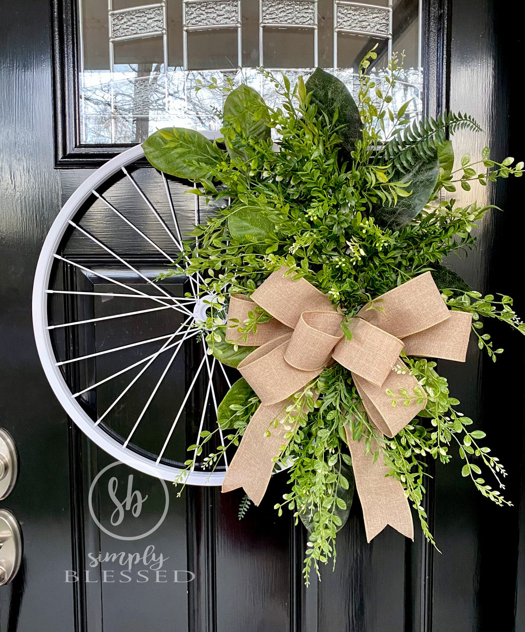Bicycle Wheel Wreath with Greenery - Spring and Summer Door