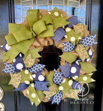 Load image into Gallery viewer, Navy and Green Hello Burlap Wreath - as seen in Country Sampler Magazine
