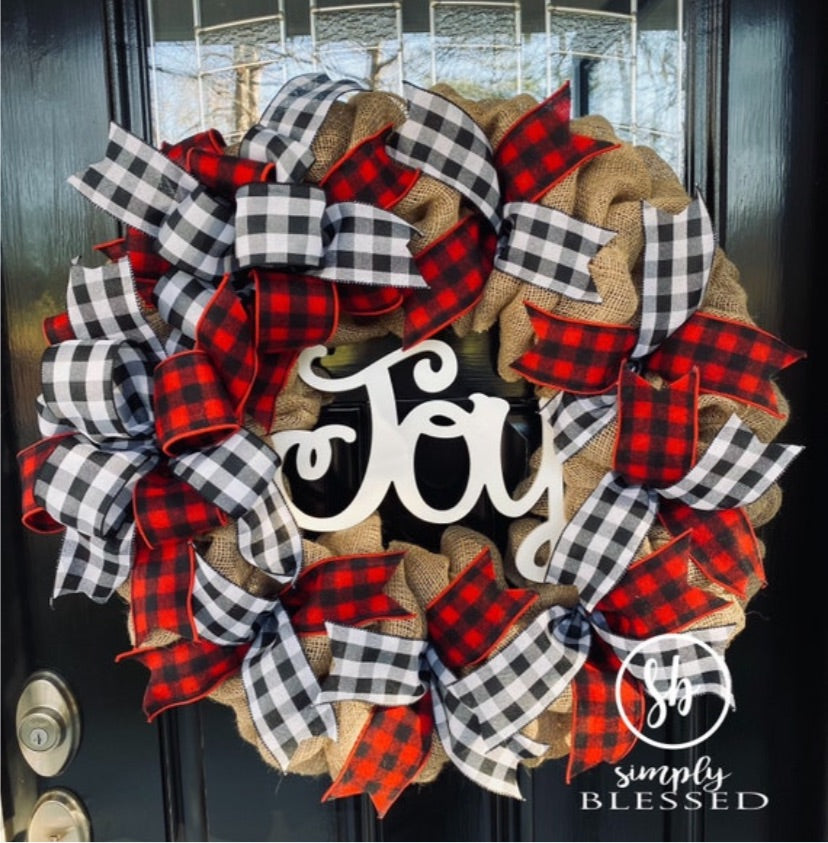 Farmhouse Buffalo Plaid Burlap Wreath - as seen in COUNTRY SAMPLER magazine - JOY Christmas Valentine’s Day Winter