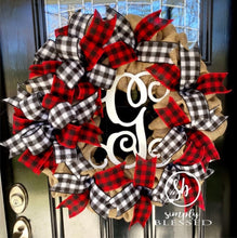 Load image into Gallery viewer, Farmhouse Buffalo Plaid Burlap Wreath - as seen in COUNTRY SAMPLER magazine - JOY Christmas Valentine’s Day Winter
