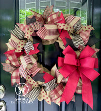 Load image into Gallery viewer, Primitive Star Burlap Wreath - Burgundy Black - Simply Blessed
